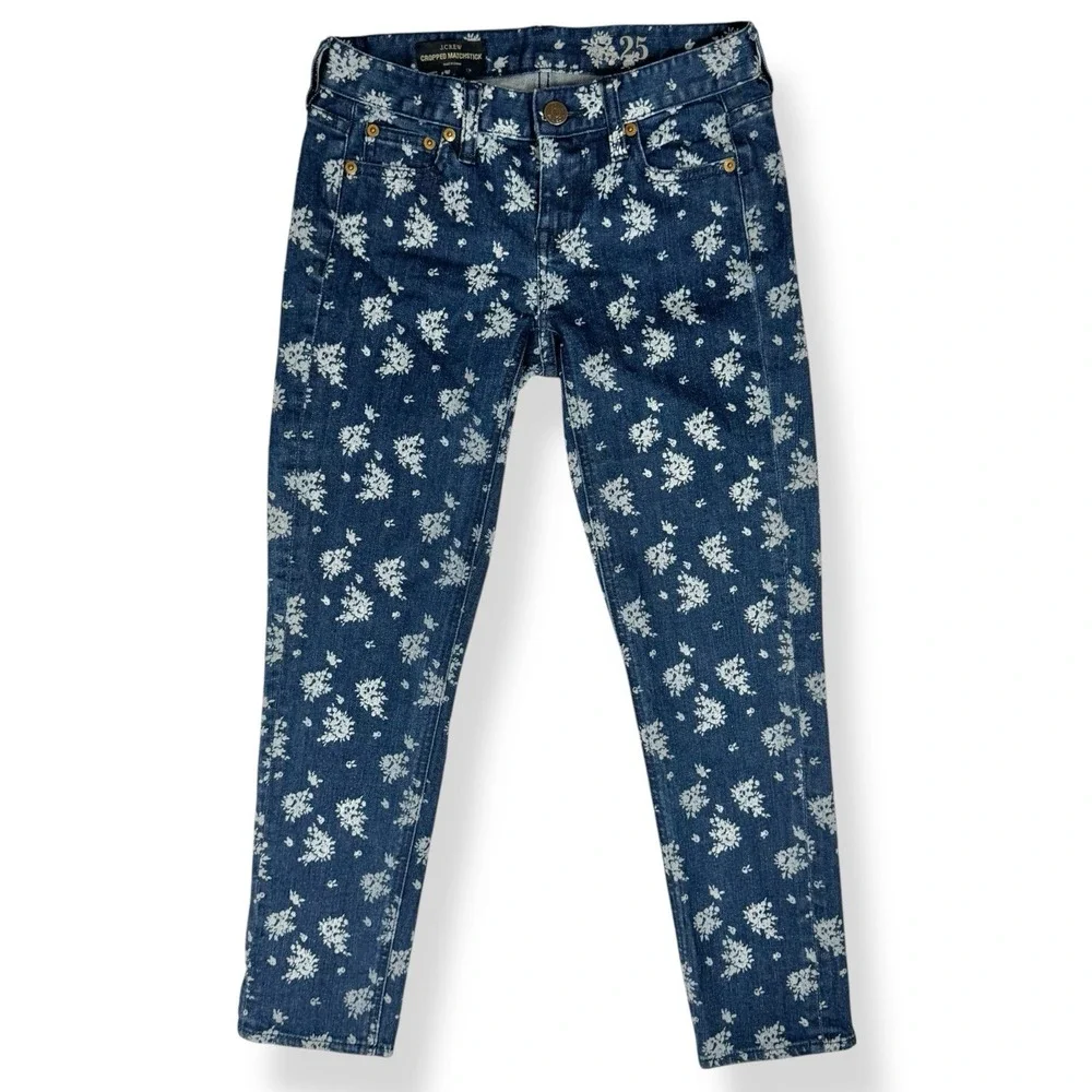 J.Crew Cropped Matchstick Jeans Size 25 Floral Print‎ Low Rise Retro Blue White